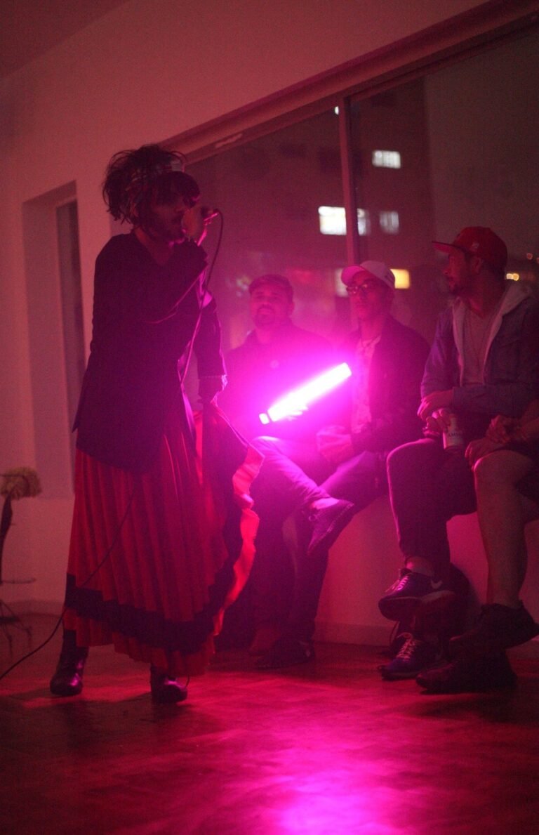 Xerxes canta ao microfone, de saia longa, iluminado por um tubo de luz rosa, com o público sentado ao fundo