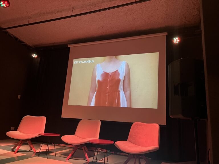 EST IN MANIBUS, de Lucila Andreozzi, projetada no auditório da Ação Educativa na noite de abertura: vestido branco com uma mancha vermelha