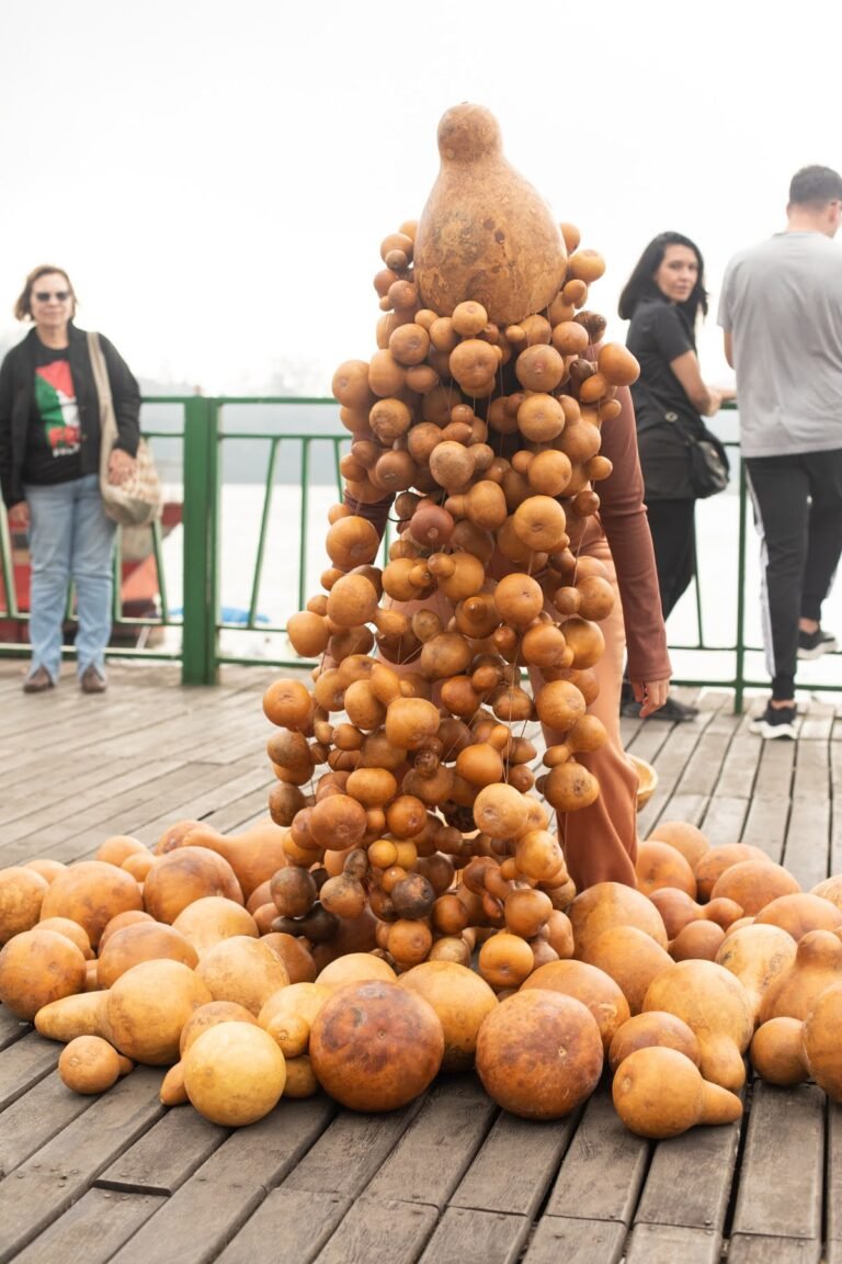 Jéssica Cruz, coberta de cabaças, sobre um monte de cabaças no deck, com público e a represa ao fundo
