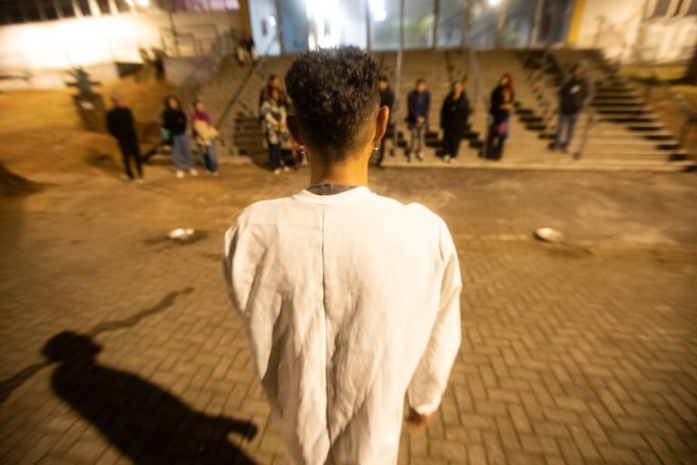 Uma pessoa de camisa branca, de costas, diante do público na escadaria da Pinacoteca
