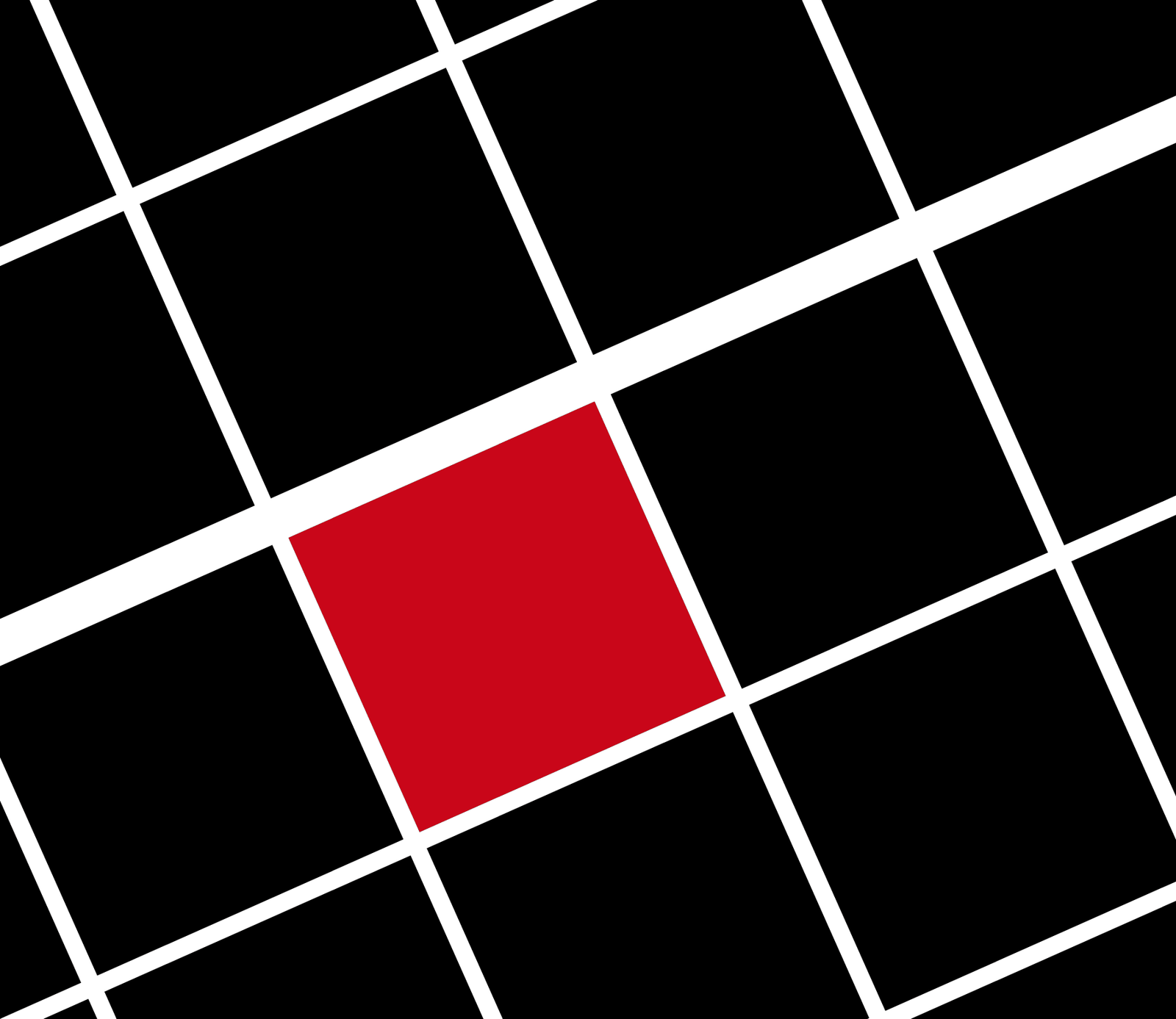 Ilustração do Polo Paraíso: grade urbana larga e regular, inclinada, com um quarteirão em vermelho; uma lente circular inverte as cores no encontro com o outro polo.